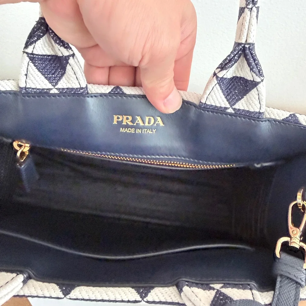 Prada Milano 1BA354 Symbole Jacquard Tote Blue White Triangle Pattern Bag Italy